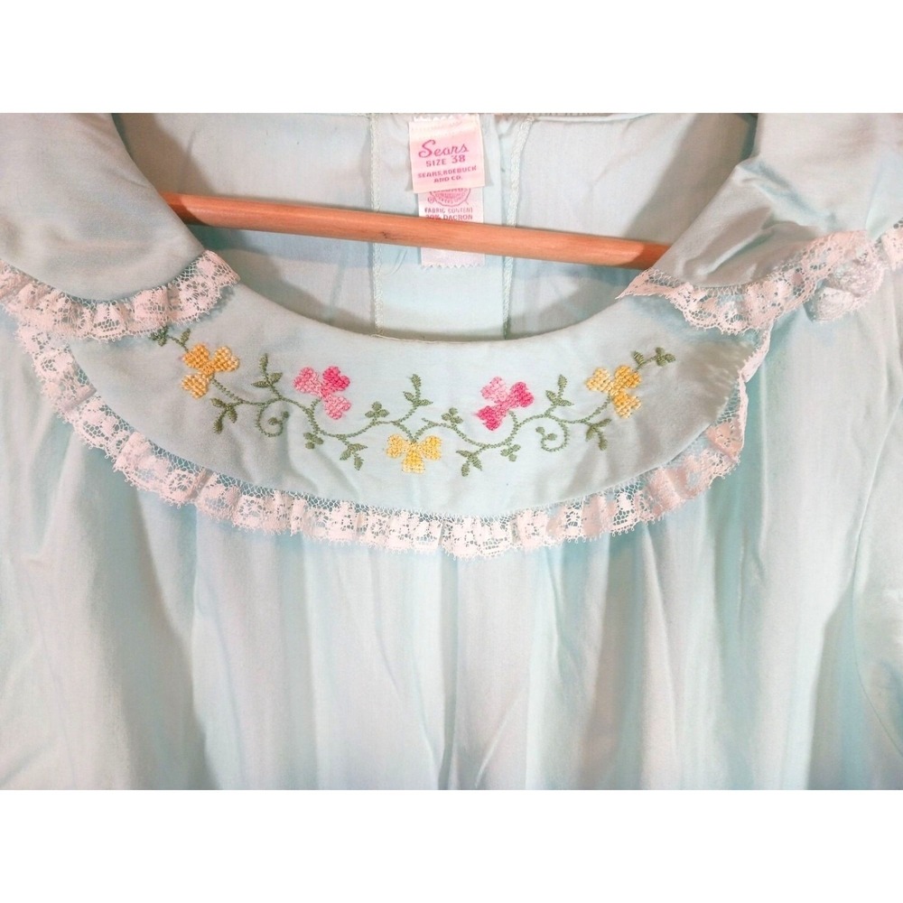 Vintage Sears Pajama Set Blue Floral Embroidered Lace 2 Piece Women 38 - Picture 2 of 8